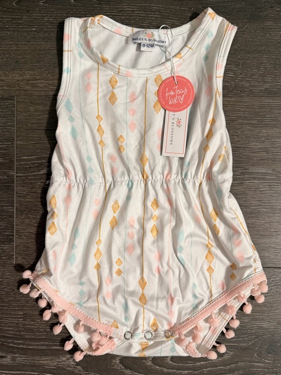 Baileys Blossoms Other - Bailey's Blossoms Baby Pom Trim Romper - White with Pastel Geometric Print